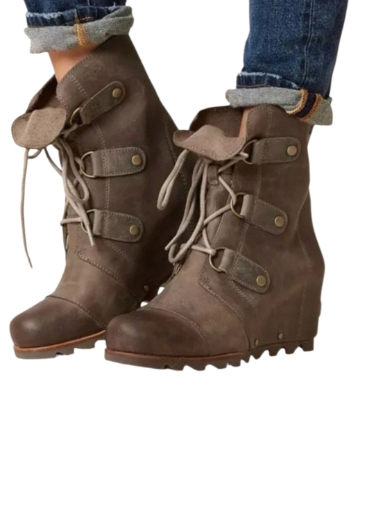 Sorel Shoes - Sorel Joan Of Artic Mid Waterproof Leather Brown LaceUp Wedge Ankle Boots Size 9
